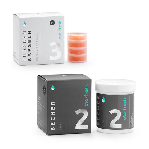 Trockenkapseln in Trockenbecher als Hörgerätezubehör und Trockenbecher und Hygienebecher für die Hörgerätereinigung von oto-fresh